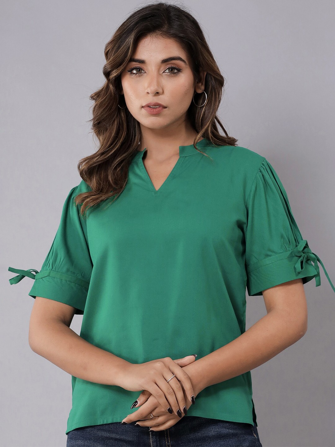 

Fab Star Tie-Up Detail Puff Sleeves Band Collar Side Slit Top, Green