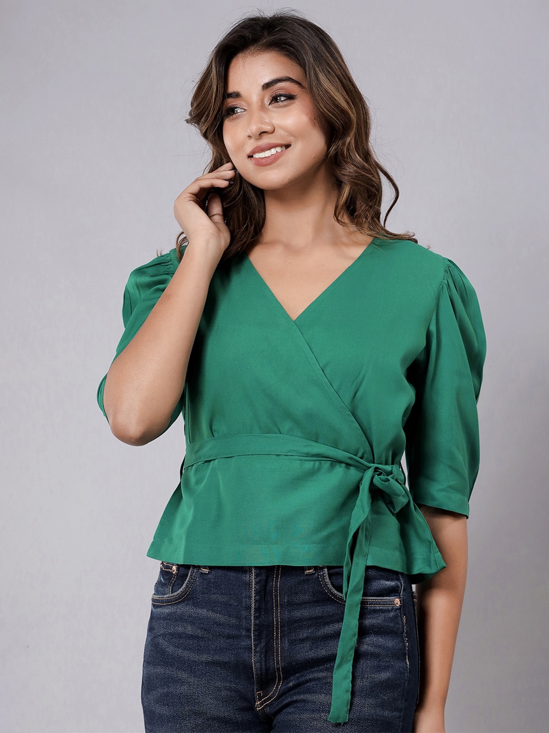 

Fab Star V-Neck Puff Sleeves Tie-Up Detail Wrap Top, Green
