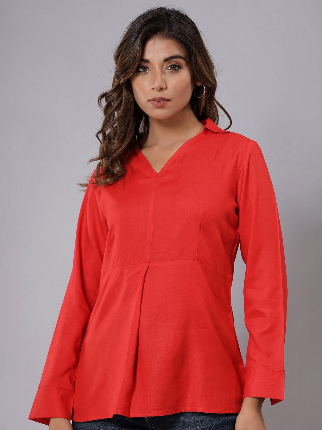 

Fab Star Shirt Collar Cuffed Sleeves A-Line Top, Red