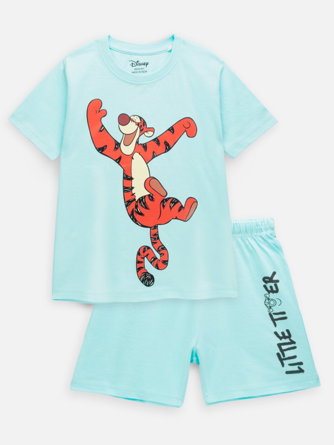 

Nap Chief Kids Tigger Printed Pure Cotton T-shirt with Shorts, Turquoise blue