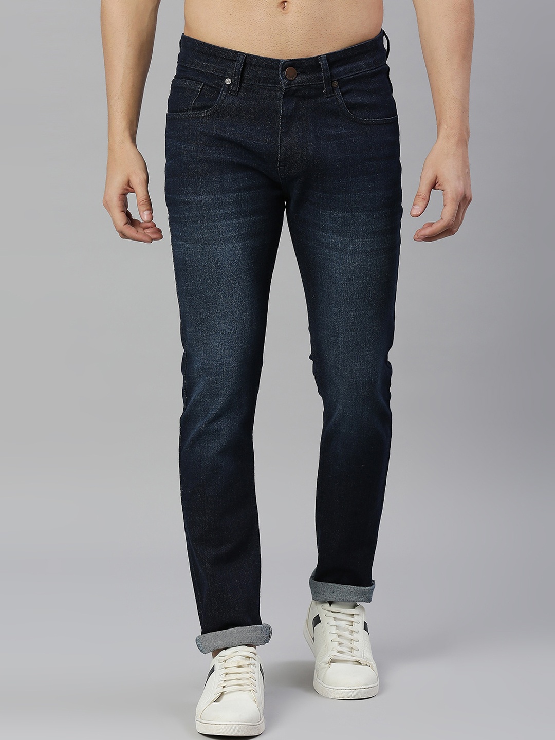 

HERE&NOW Men Smart Skinny Fit Low Distress Light Fade Stretchable Jeans, Navy blue