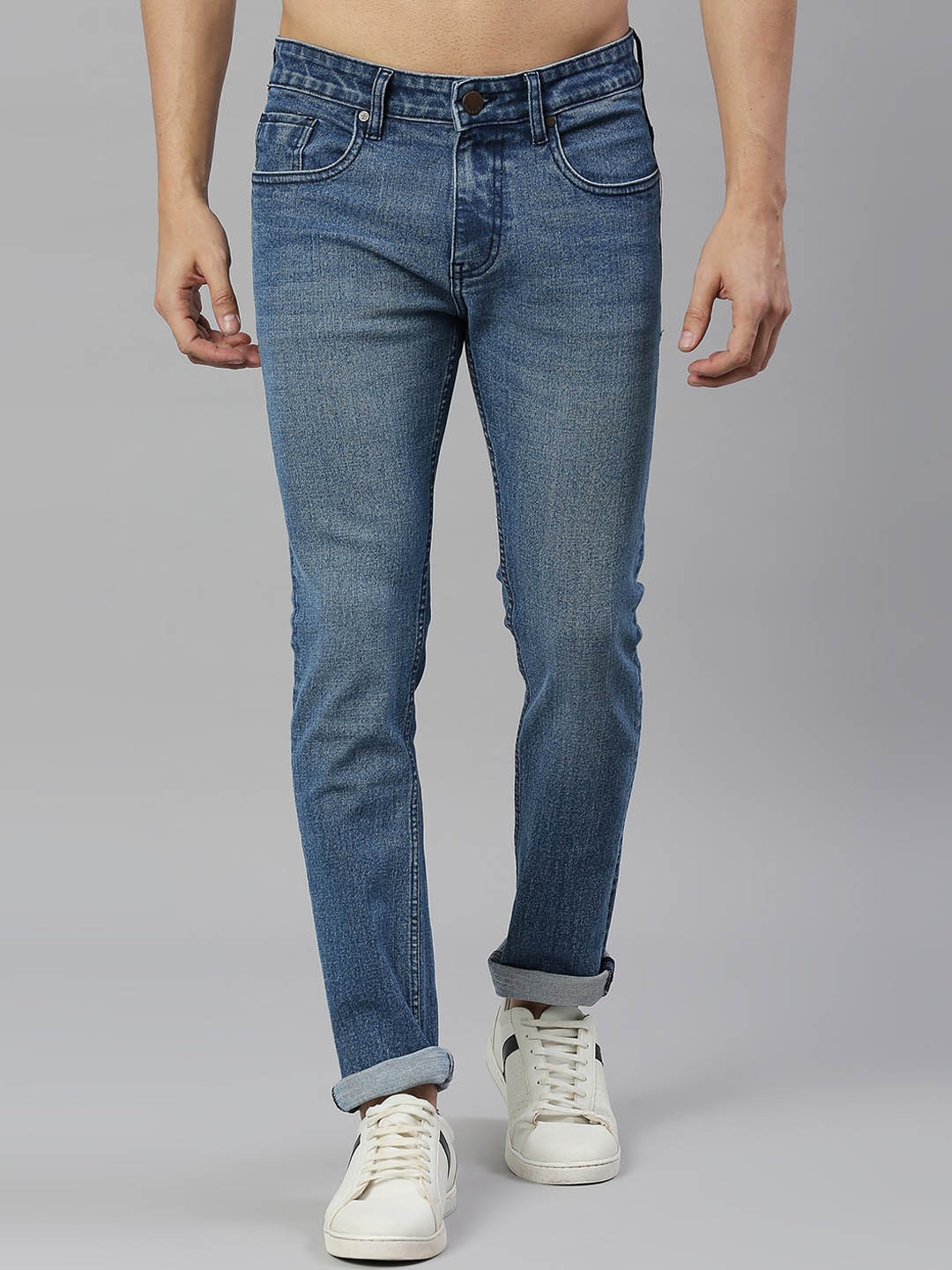 

HERE&NOW Men Smart Skinny Fit Low Distress Light Fade Stretchable Jeans, Blue