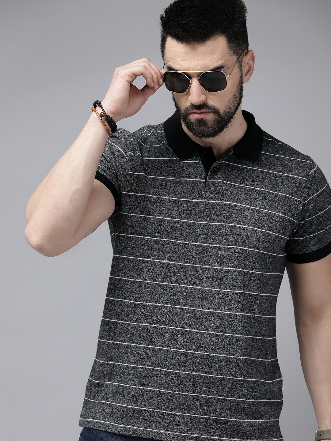 

Roadster Striped Polo Collar T-shirt, Black