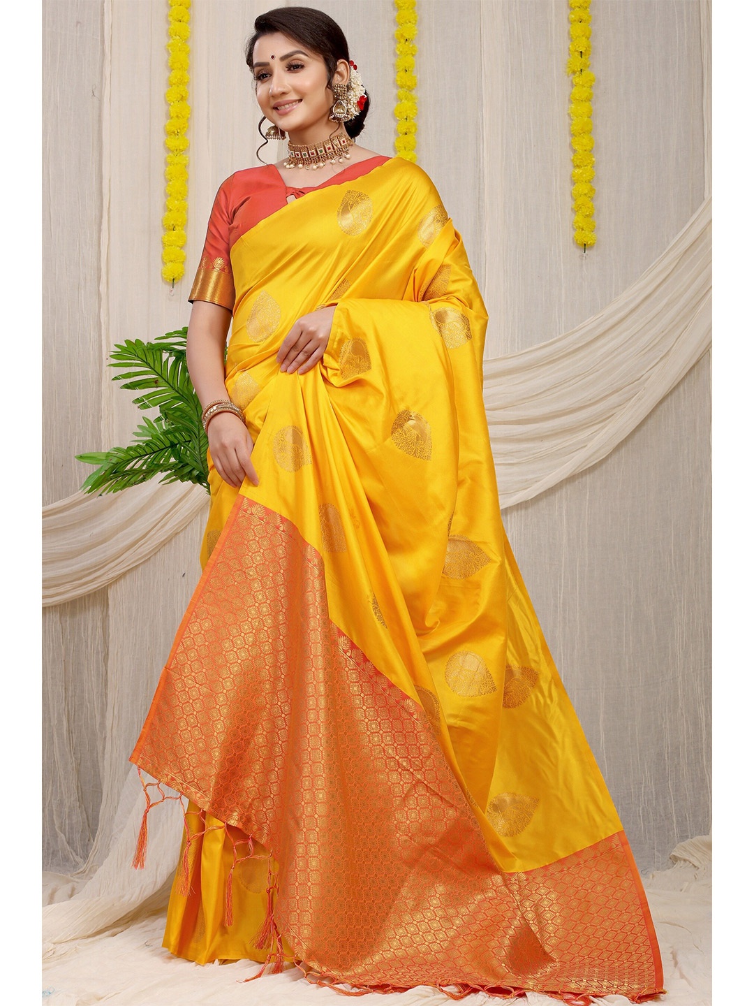 

Anaita Yellow & Red Woven Design Zari Pure Silk Banarasi Saree