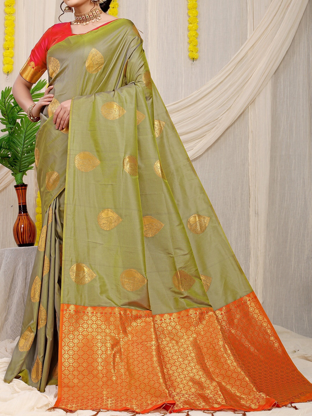 

Anaita Ethnic Motifs Woven Design Zari Pure Silk Banarasi Saree, Sea green