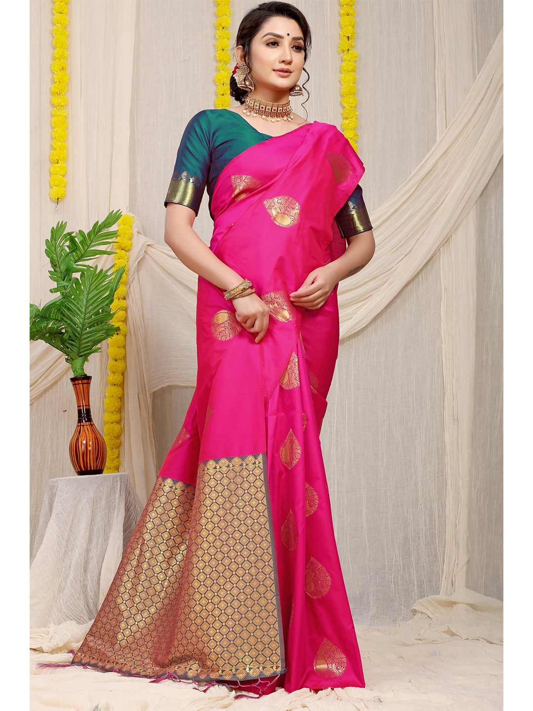 

Anaita Pink & Green Woven Design Zari Pure Silk Banarasi Saree