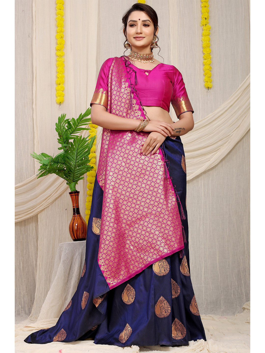 

Anaita Navy Blue & Pink Woven Design Zari Pure Silk Banarasi Saree