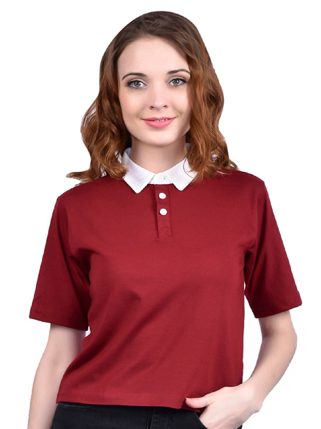 

CLAFOUTIS Collar Neck Shirt Style Cotton Top, Maroon