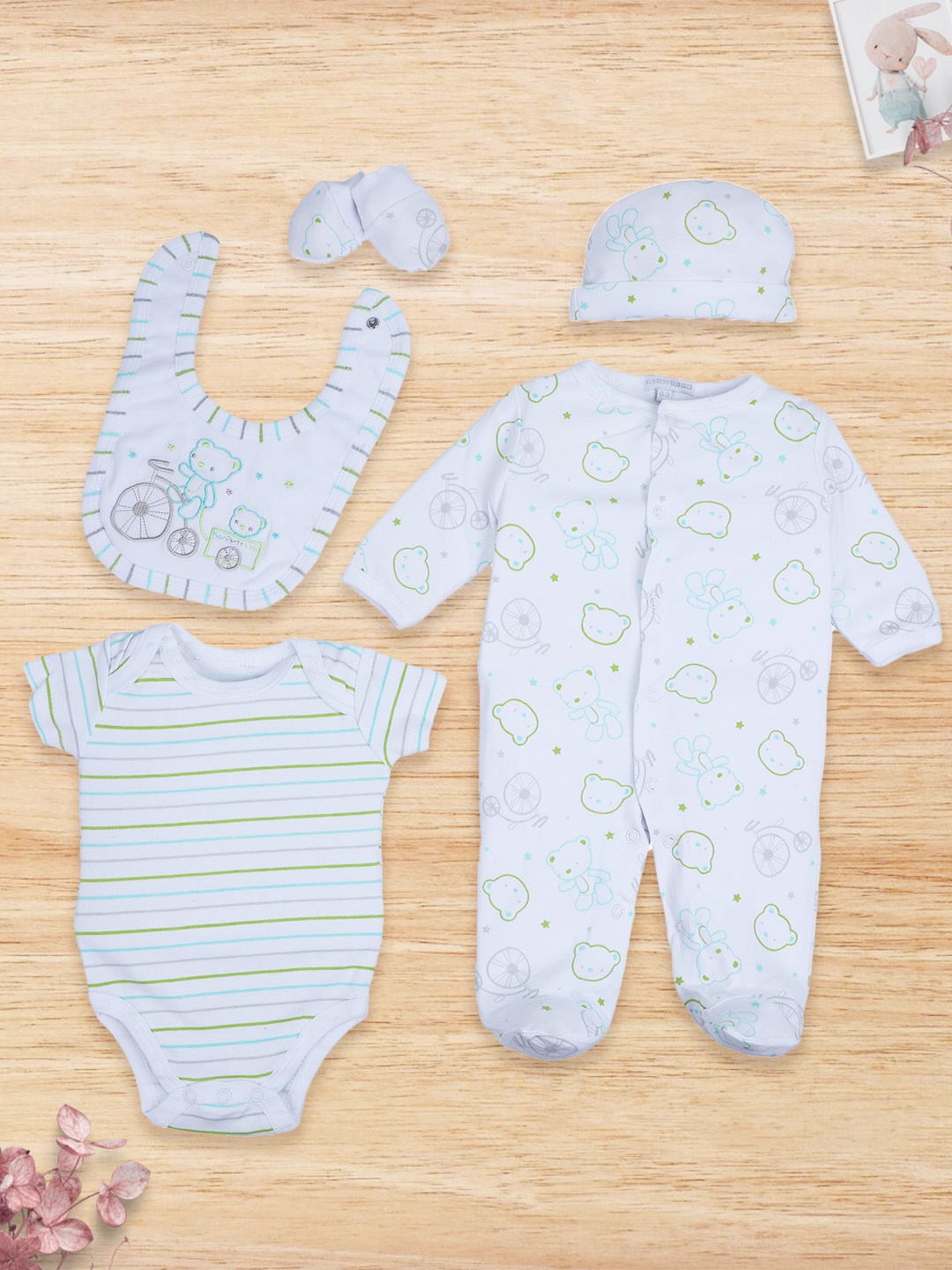 

Baby Moo Infant Pack Of 5 Printed Pure Cotton Baby Apparel Gift Set, White