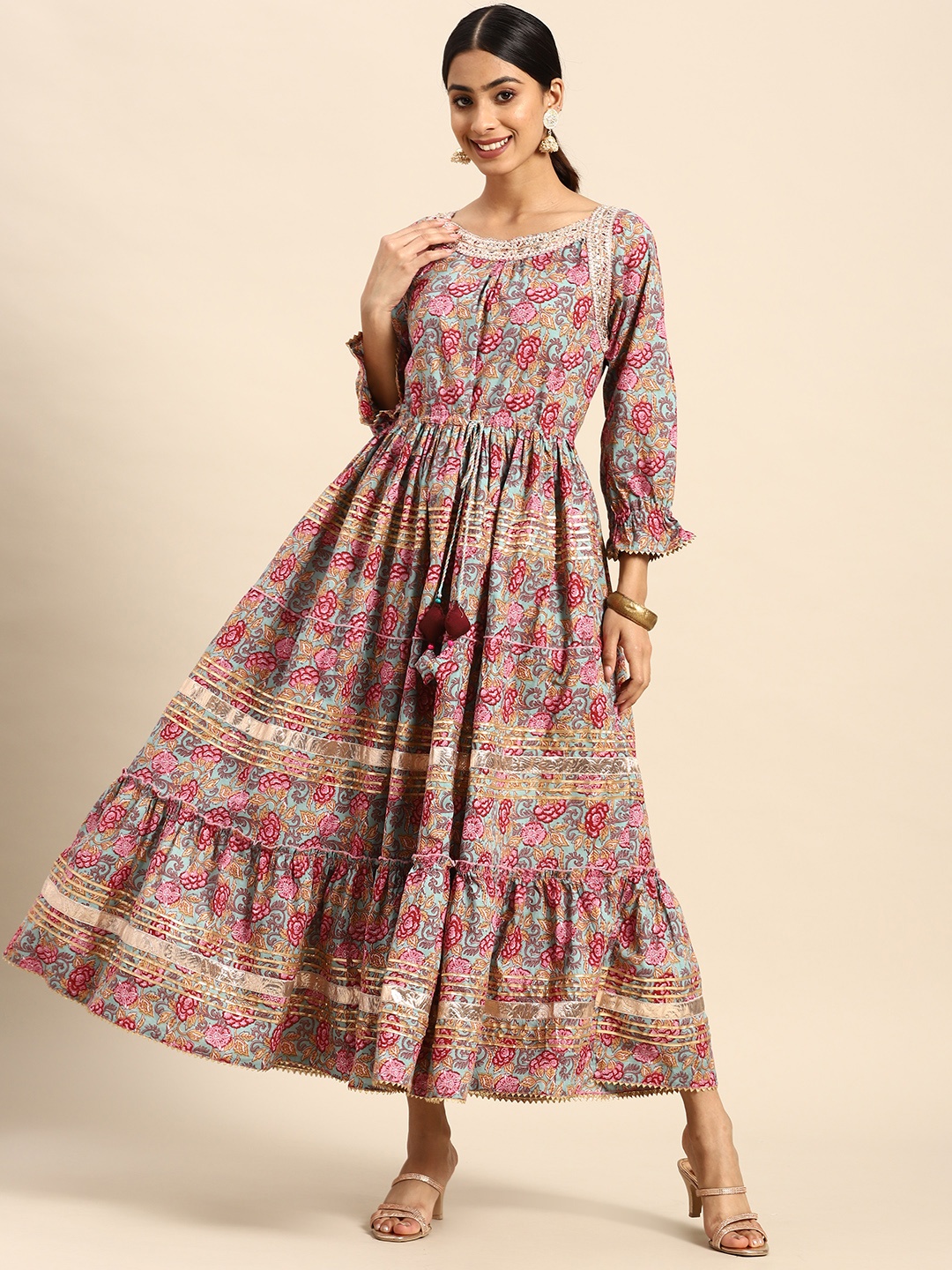 

RANGMAYEE Floral Print Puff Sleeves Embellished Tiered Maxi Ethnic Dress, Green