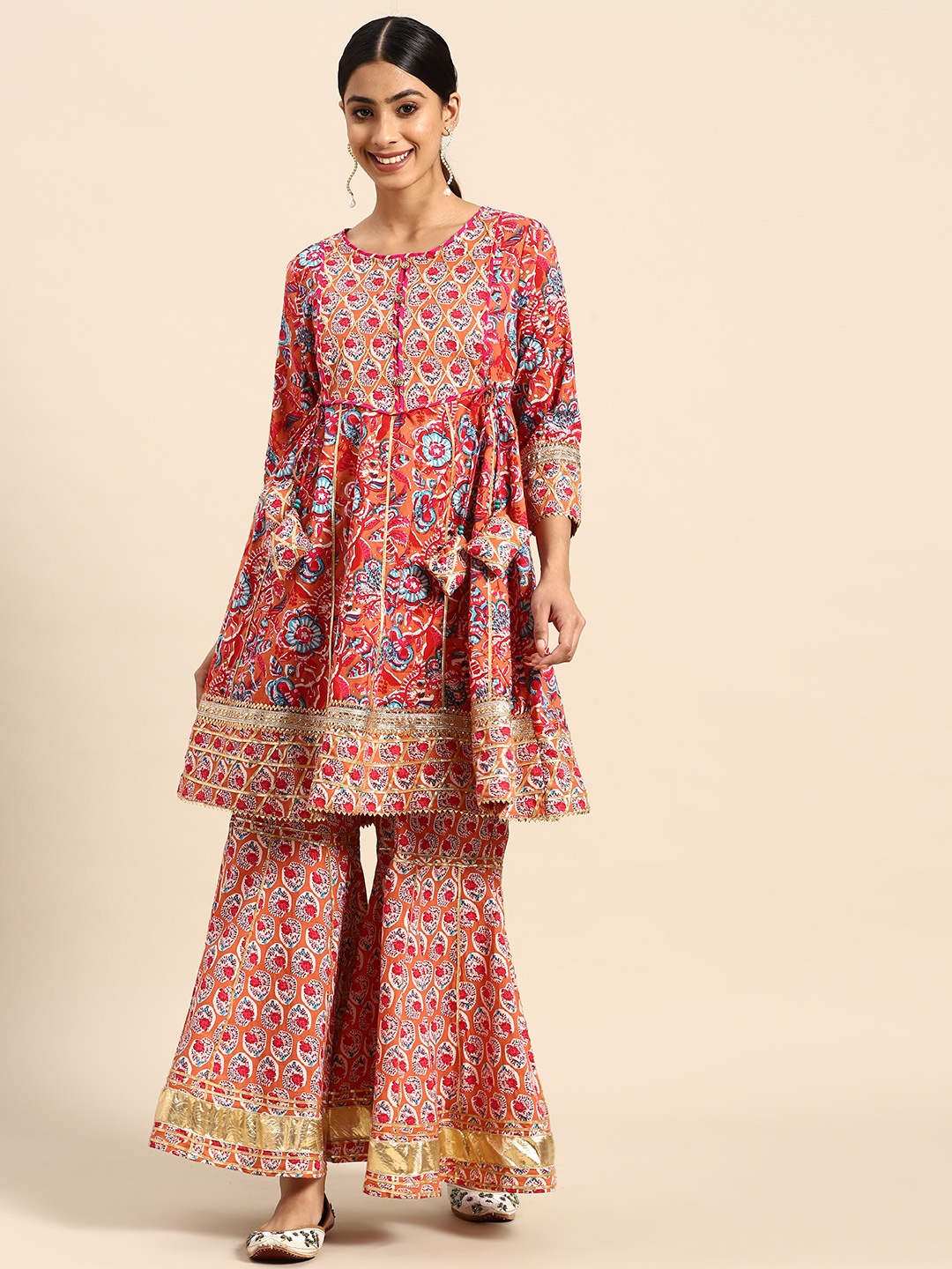 

RANGMAYEE Floral Printed Gotta Patti Pure Cotton Kurta With Sharara, Pink