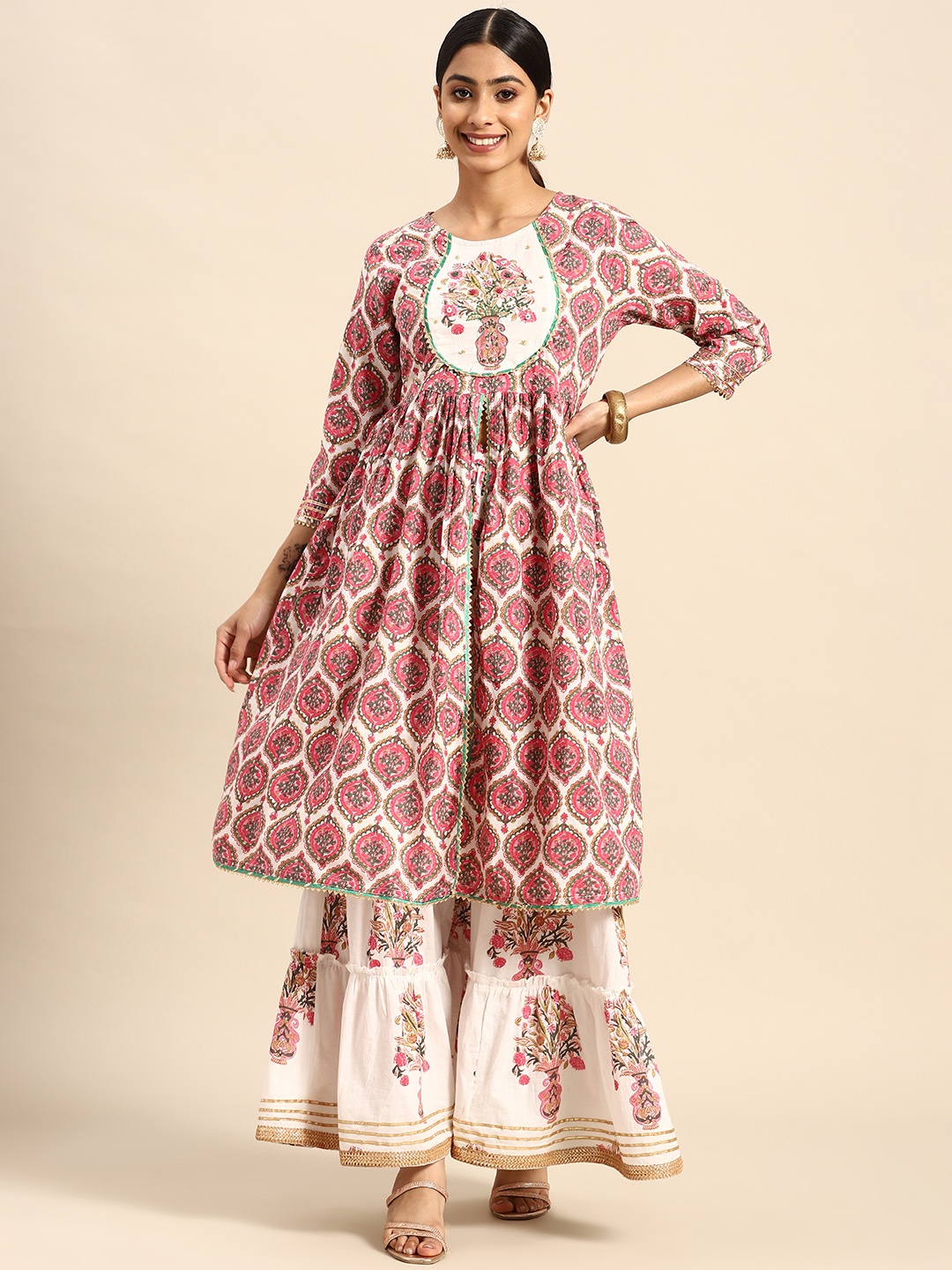 

RANGMAYEE Floral Printed Gotta Patti Pure Cotton Kurta With Skirt, White