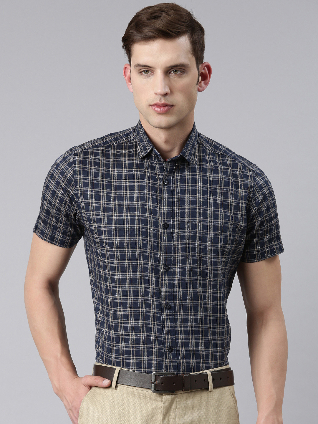 

5TH ANFOLD Slim Fit Opaque Checked Formal Shirt, Navy blue