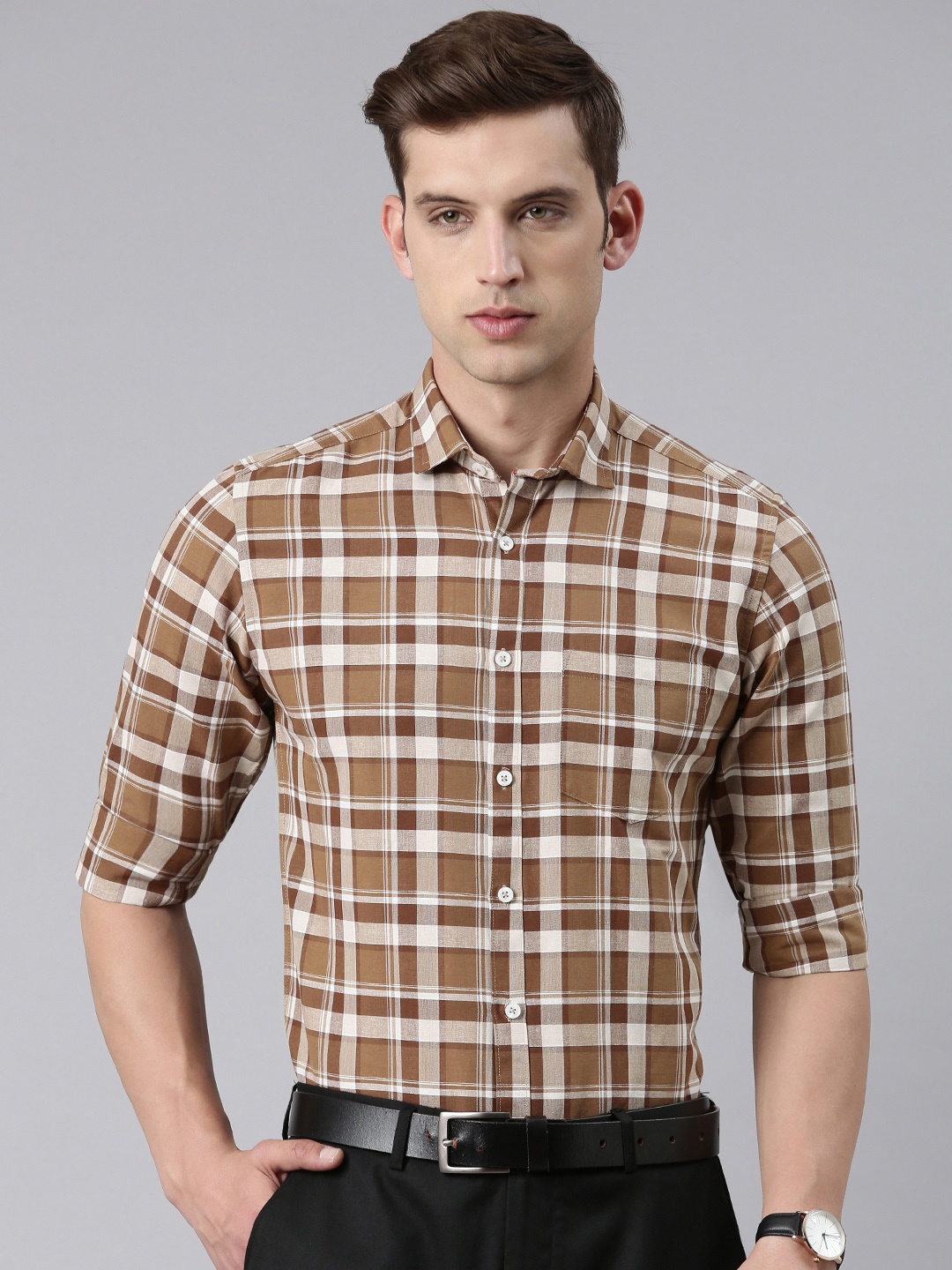 

5TH ANFOLD Slim Fit Opaque Checked Formal Shirt, Brown