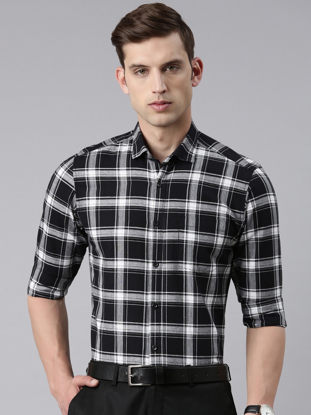 

5TH ANFOLD Slim Fit Opaque Checked Formal Shirt, Black