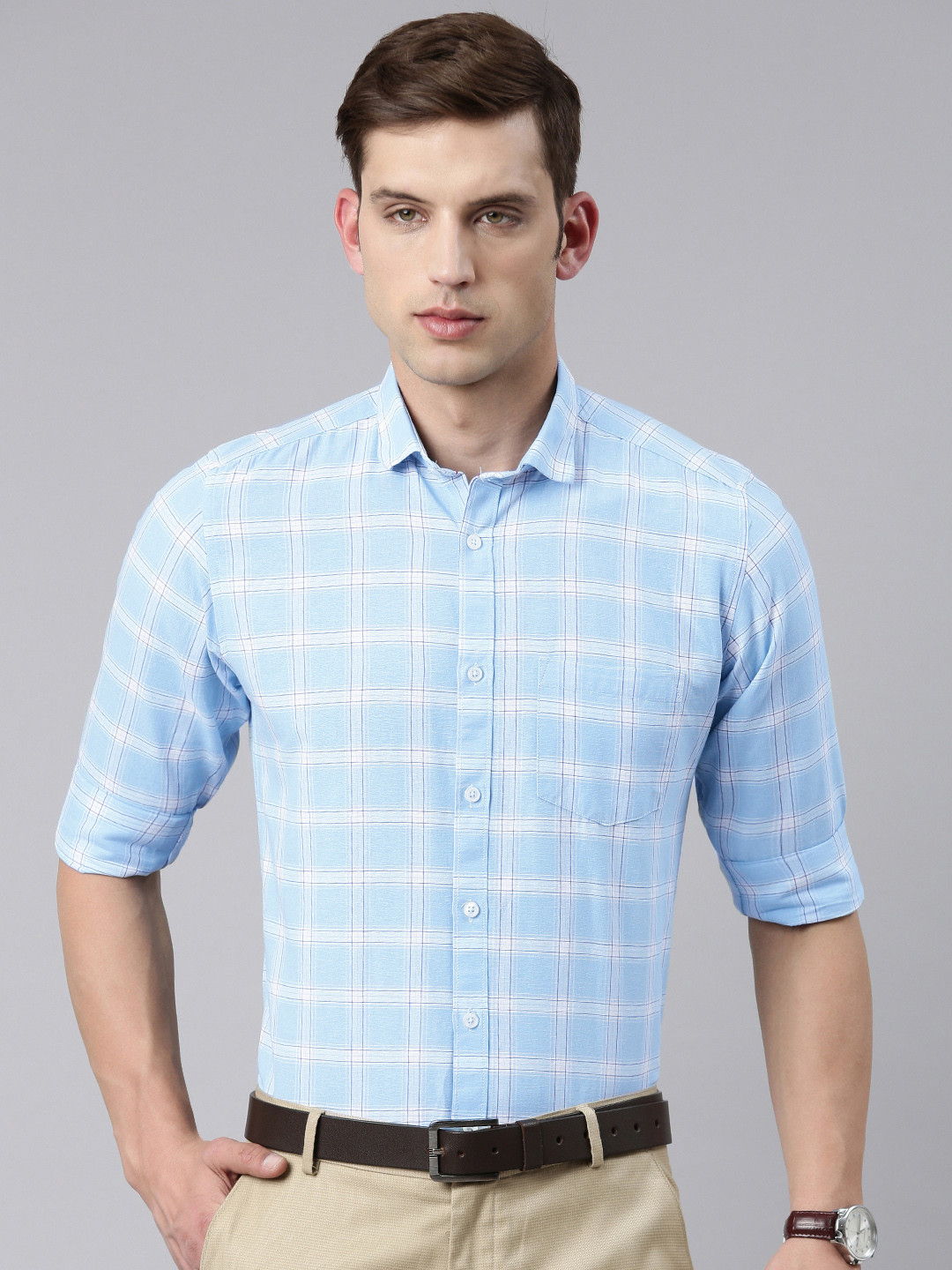 

5TH ANFOLD Slim Fit Opaque Checked Formal Shirt, Blue