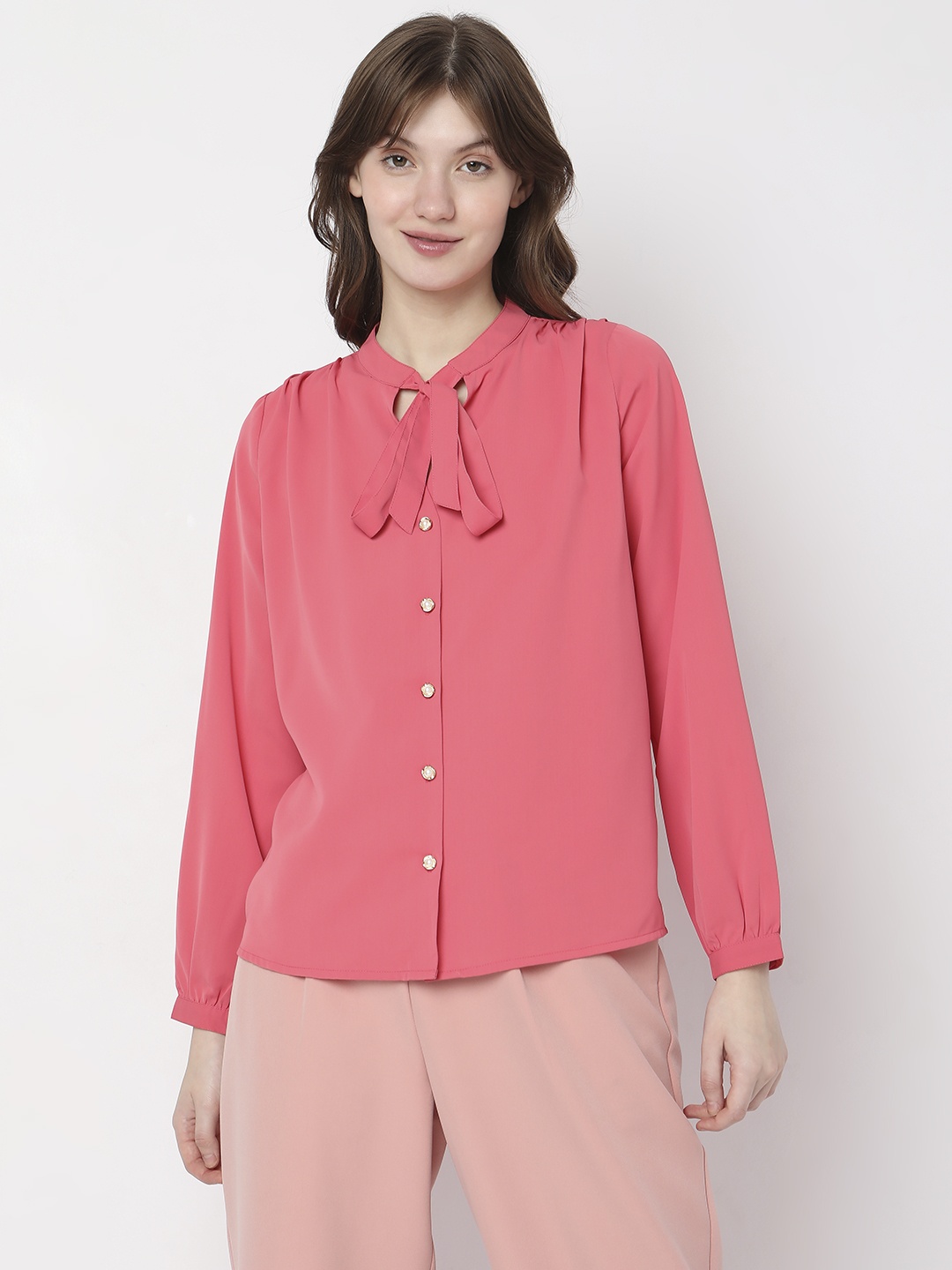 

Vero Moda Slim Fit Casual Shirt With Tie- Up Neck, Pink