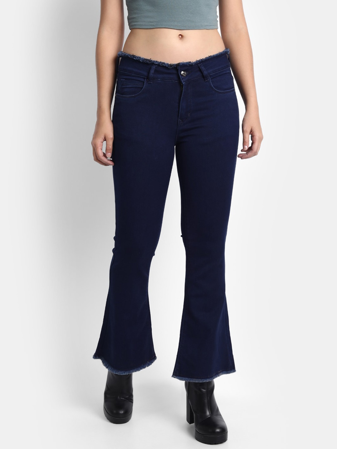 

Next One Women High-Rise Stretchable Cropped Cotton Comfort Bootcut Jeans, Navy blue