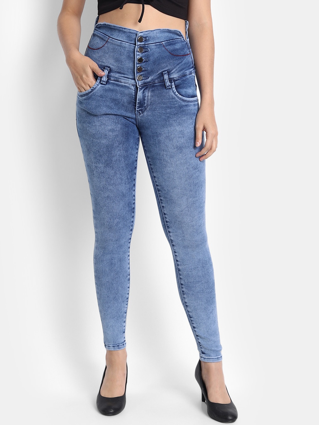 

Next One Women Comfort Skinny Fit High-Rise Heavy Fade Stretchable Cotton Jeans, Blue