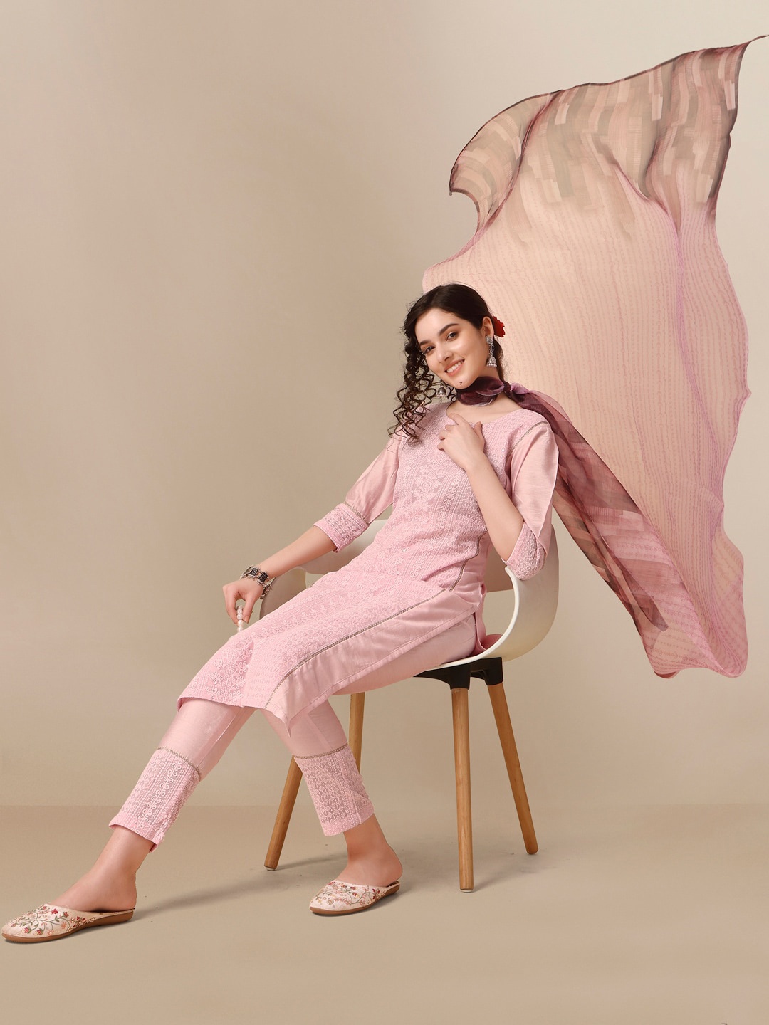 

HERE&NOW Lucknowi Chikankari Schiffli Chanderi Silk Kurta Trousers with Organza Dupatta, Pink