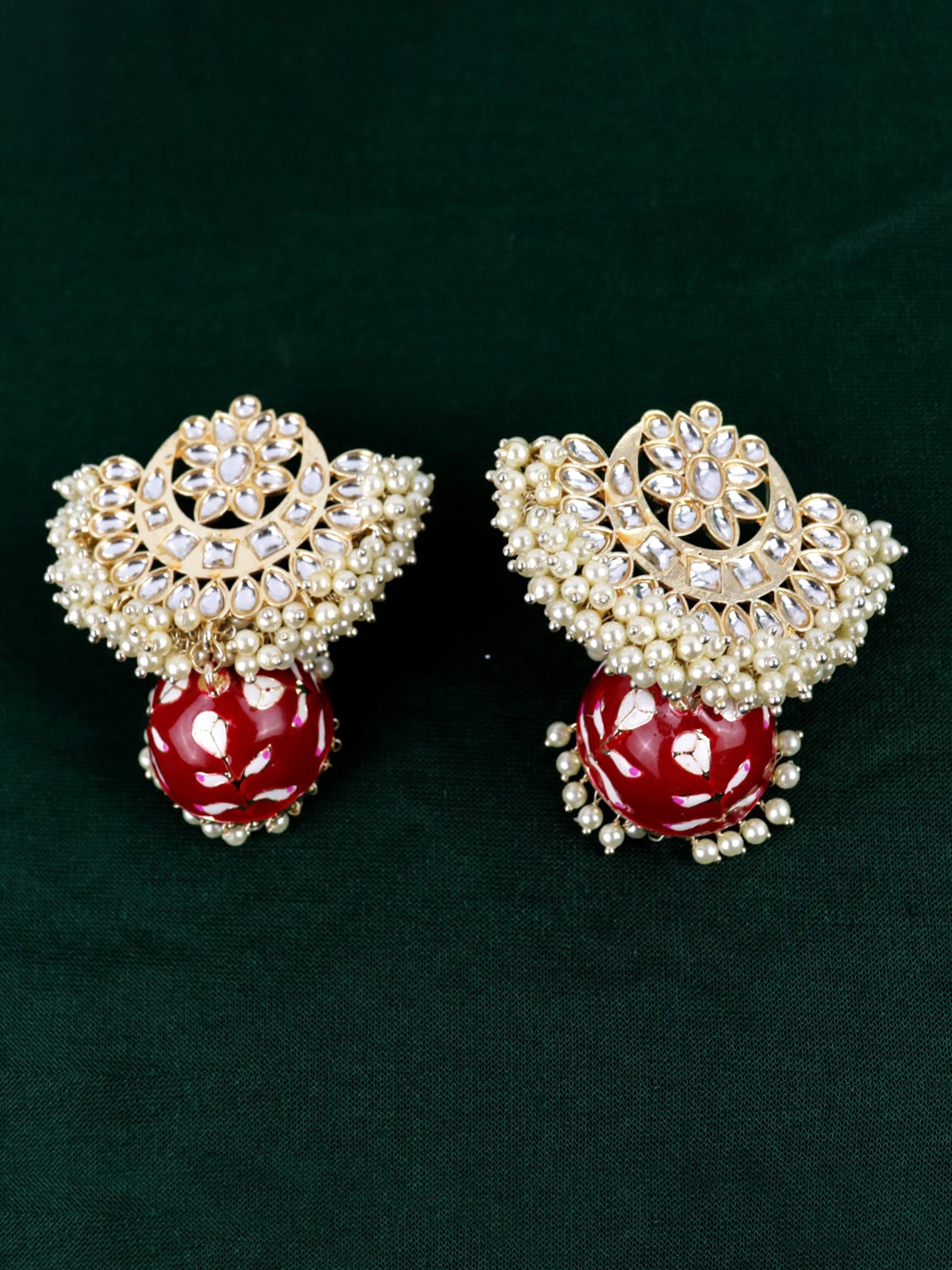 

VAGHBHATT Gold Plated Classic Stone Beaded Chandbalis Earrings, Red
