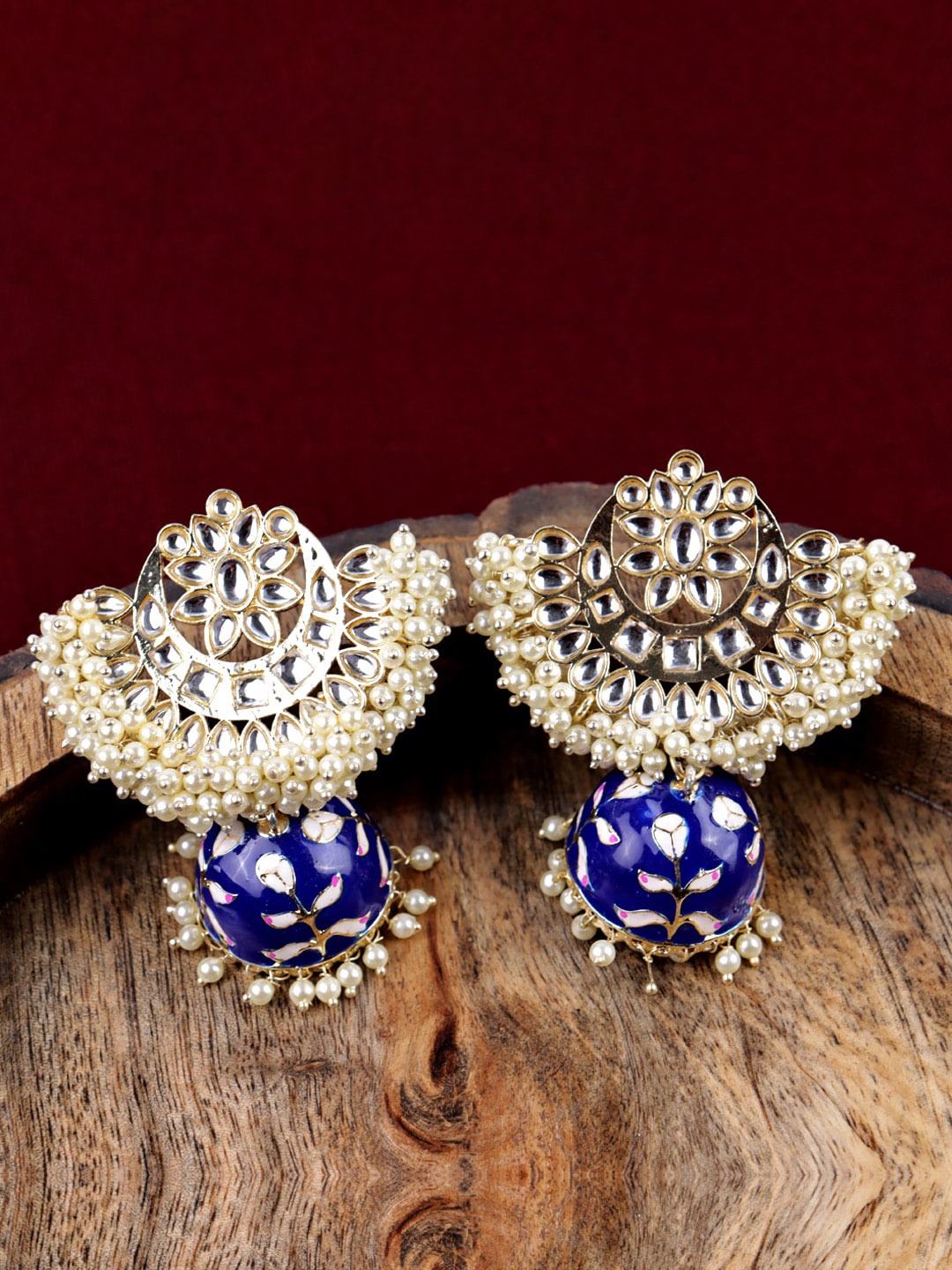 

VAGHBHATT Gold-Plated Stone-Studded & Beaded Classic Chandbalis Earrings, Blue