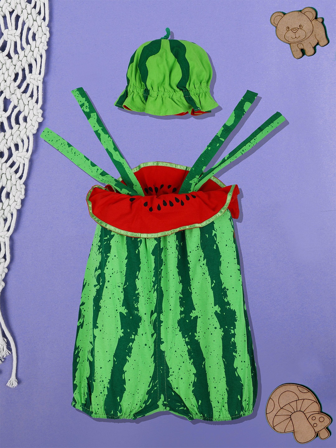 

Baby Moo Girls Shoulder Straps Watermelon Dress With Cap, Green