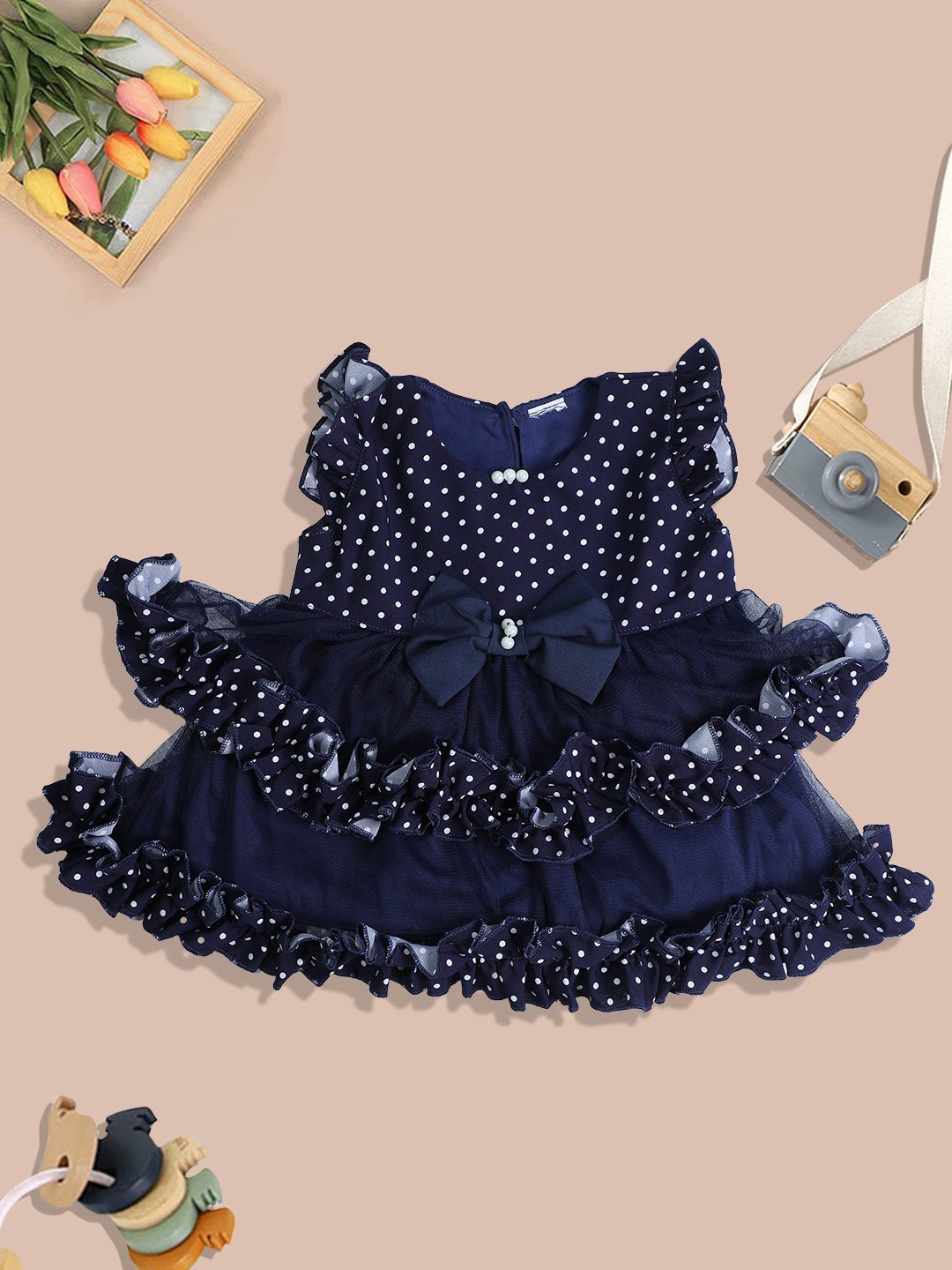 

Baby Moo Polka Dots Printed Fit & Flare Pure Cotton Ruffle Dress, Blue