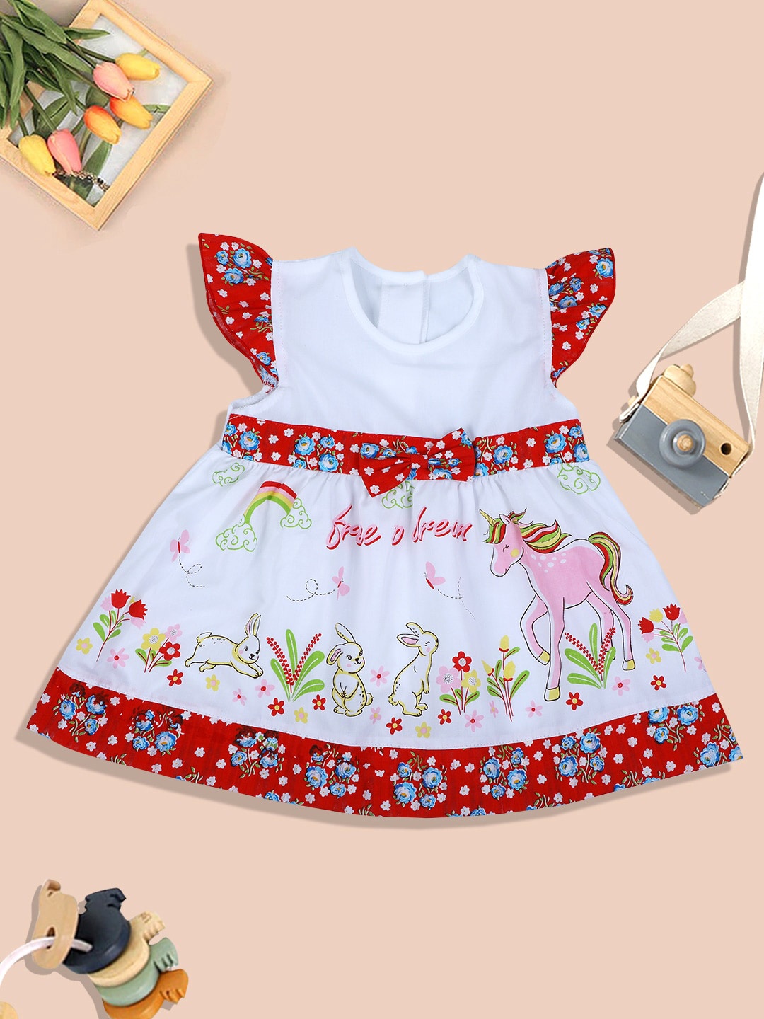 

Baby Moo Infant Girls Floral Printed A-Line Pure Cotton Dress, Red