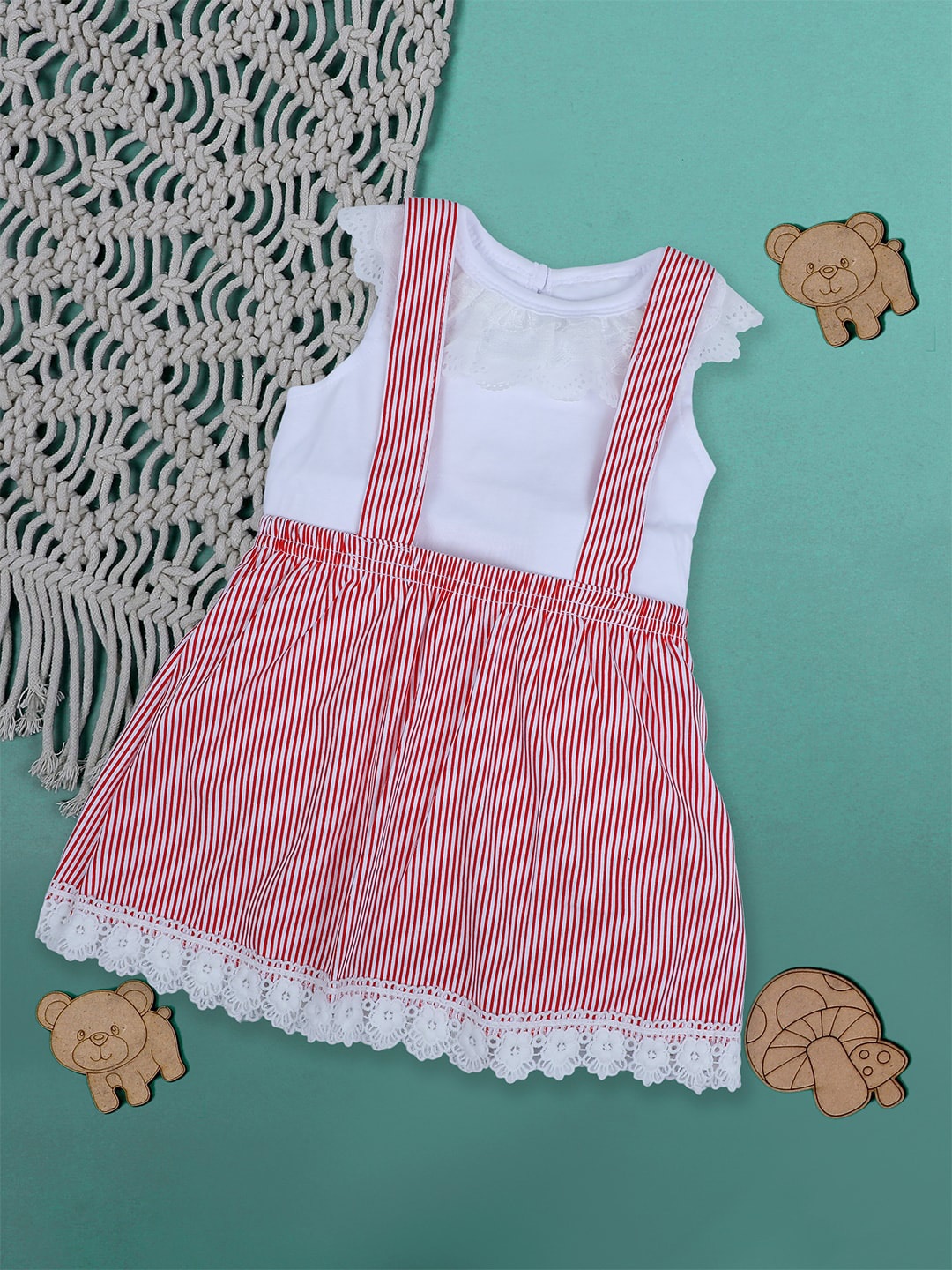 

Baby Moo Girls Sleeveless Lace Insert Striped Cotton Pinafore Dress, Red