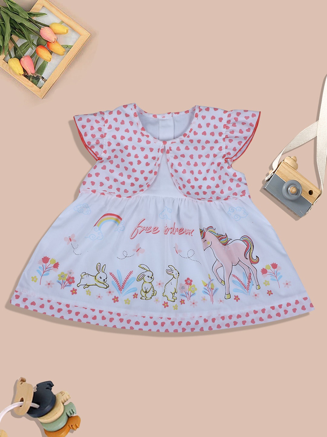 

Baby Moo Infants Girls Floral Printed Pure Cotton A-Line Dress with Shrug, White