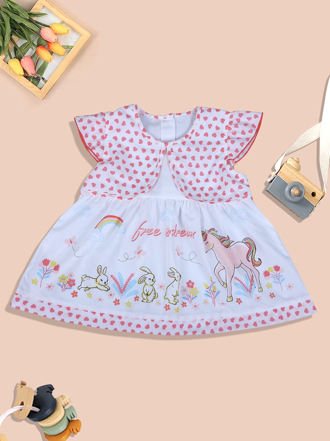 

Baby Moo Conversational Printed Fit and Flare Pure Cotton Dress, Pink
