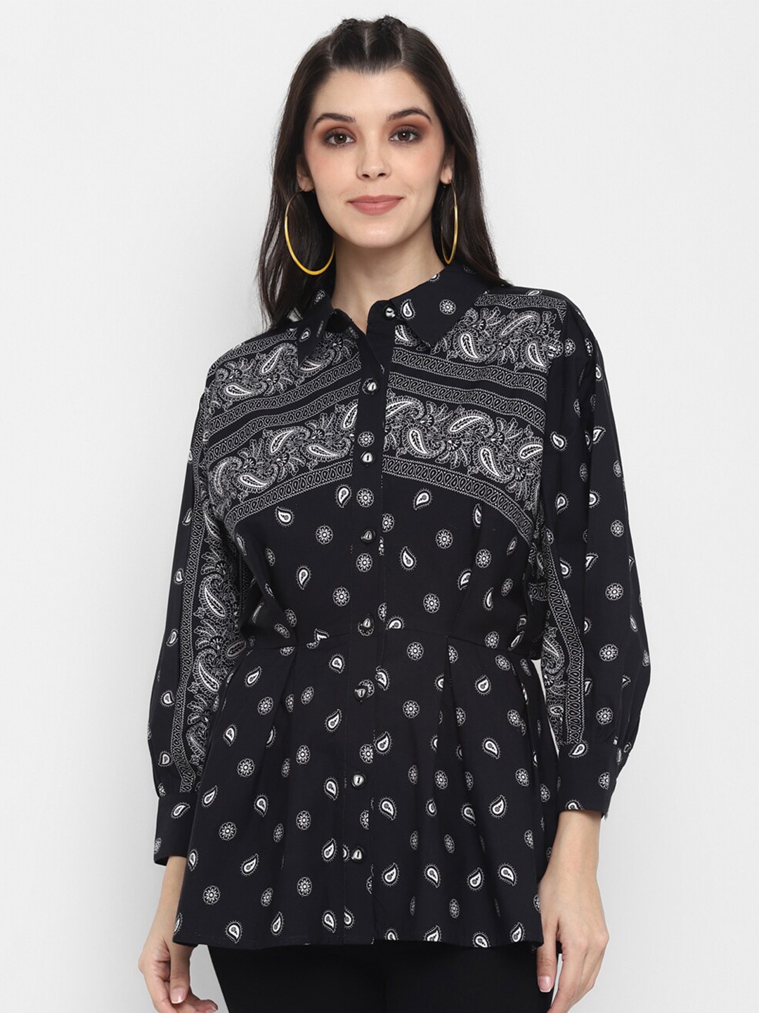 

BLANC9 Paisley Printed Cuffed Sleeves Cotton Shirt Style Top, Black