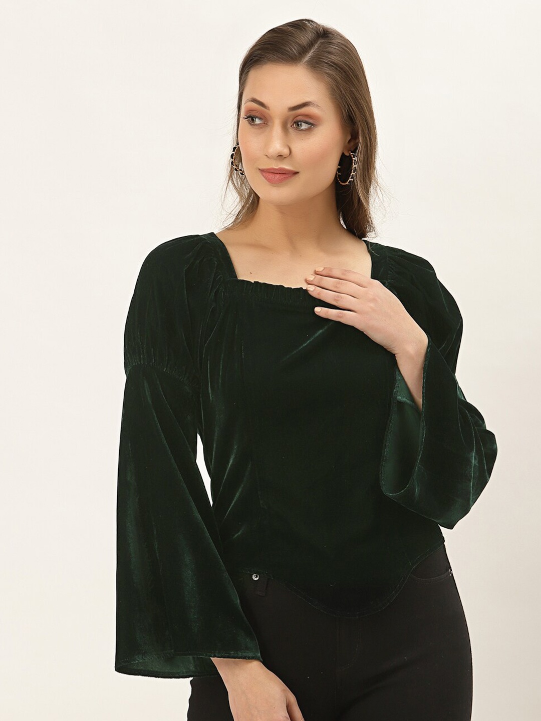 

BLANC9 Square Neck Bell Sleeves Regular Top, Green