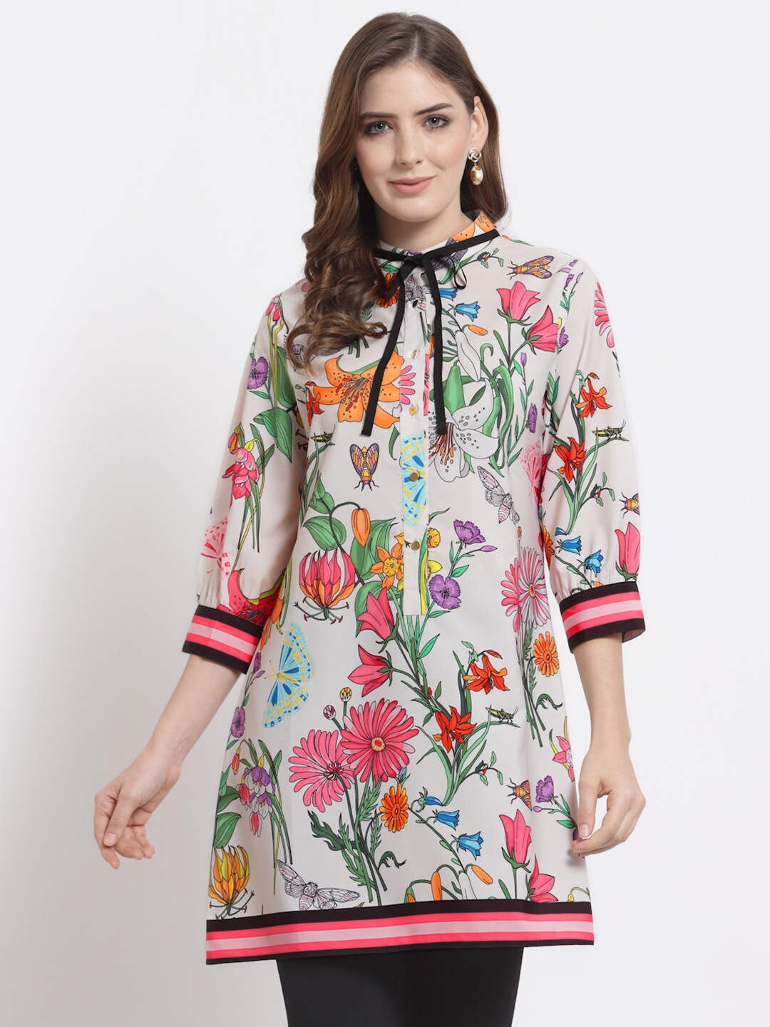 

BLANC9 Floral Printed Tie-Up Neck Longline Kurta, Multi