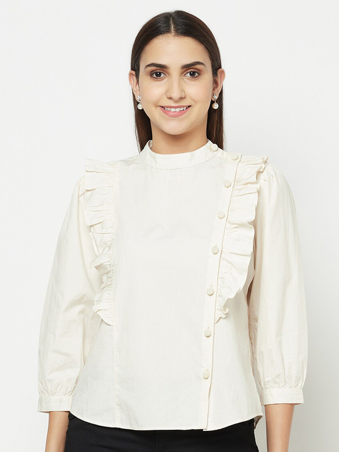 

BLANC9 Mandarin Collar Ruffled Cotton Shirt Style Top, White