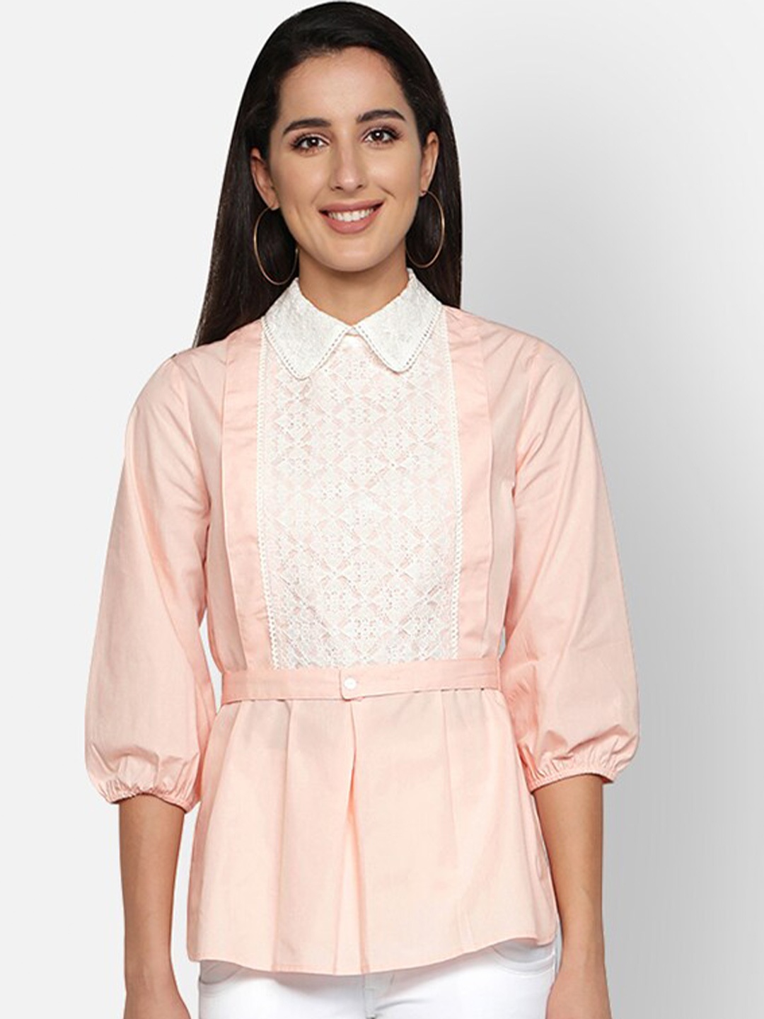 

BLANC9 Lace Insert Puff Sleeves Pleated Shirt Style Cotton Top, Peach