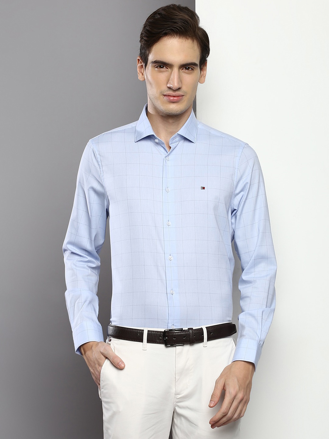 

Tommy Hilfiger Slim Fit Checked Twill Cotton Formal Shirt, Blue