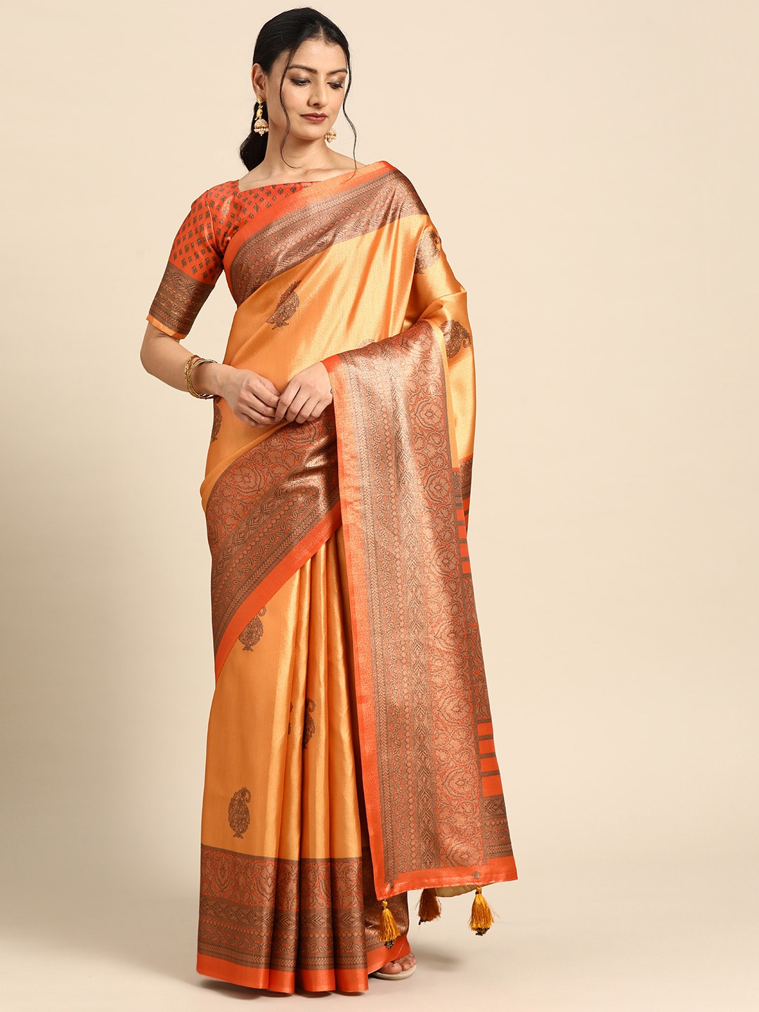 

CliqSilk Ethnic Motifs Art Silk Kanjeevaram Saree, Orange