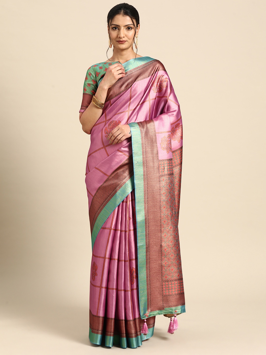 

CliqSilk Checked Art Silk Banarasi Saree, Pink