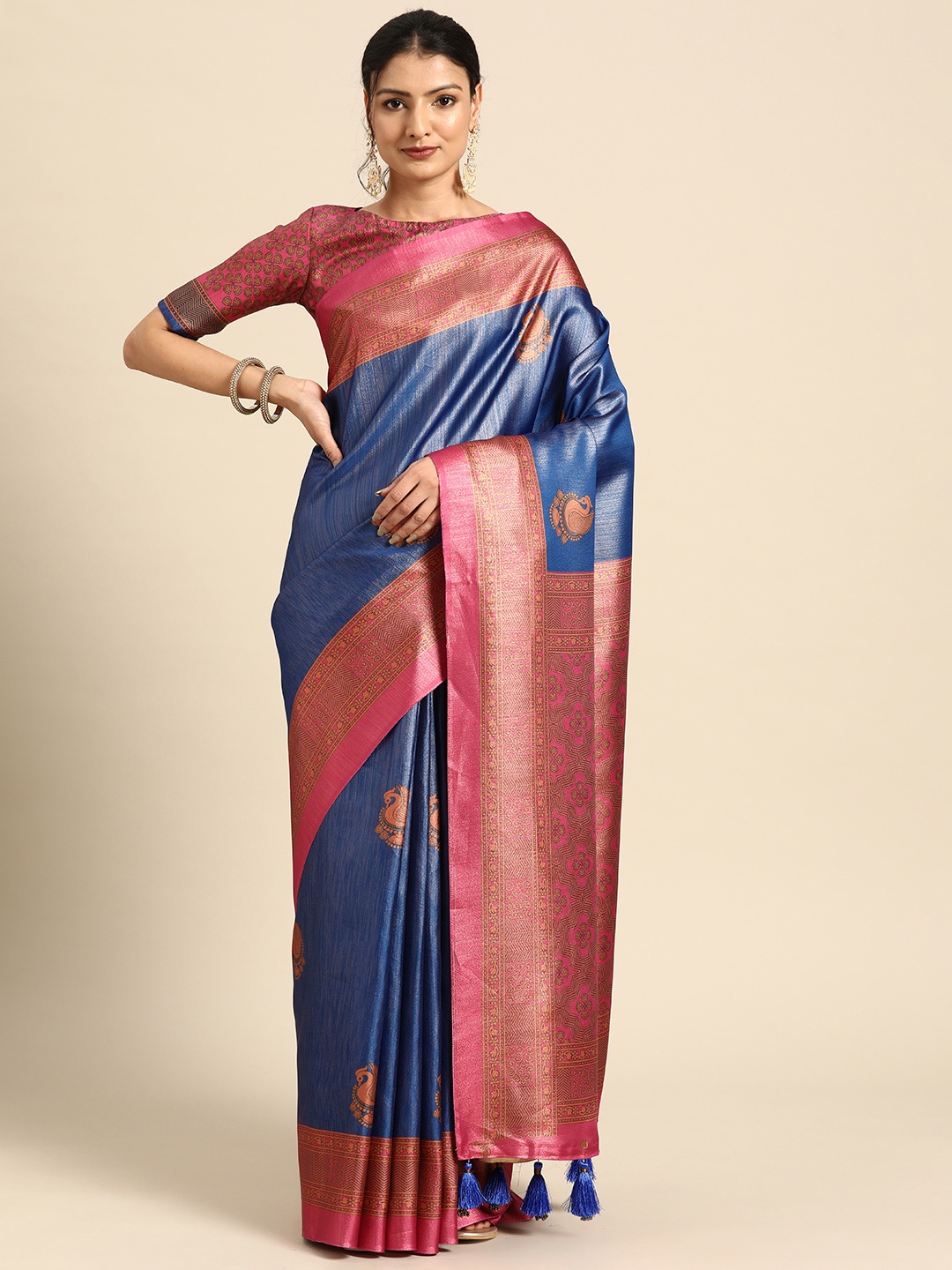 

CliqSilk Kalamkari Art Silk Kanjeevaram Saree, Blue