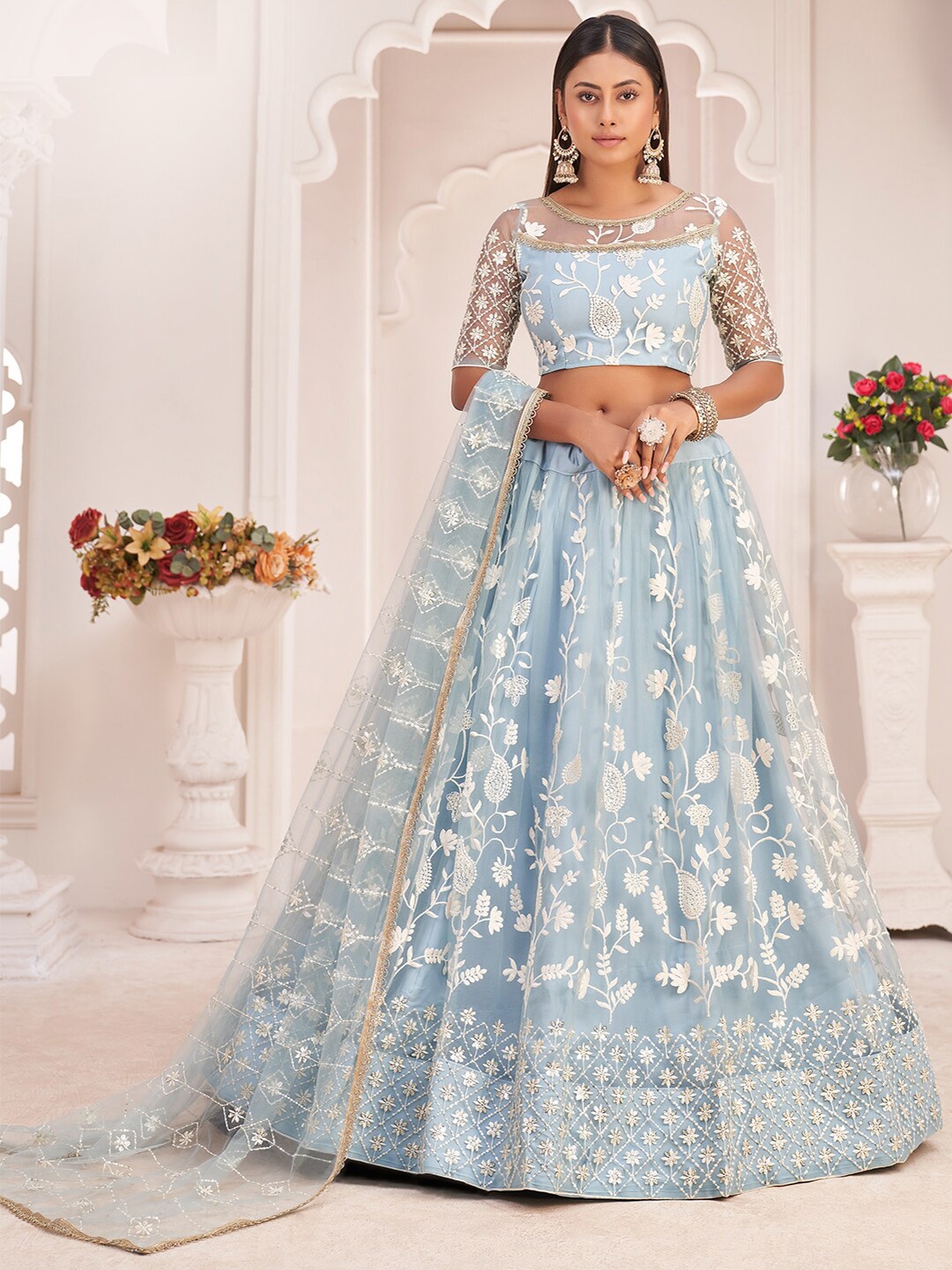 

FABPIXEL Embroidered Thread Work Semi-Stitched Lehenga & Unstitched Blouse With Dupatta, Blue