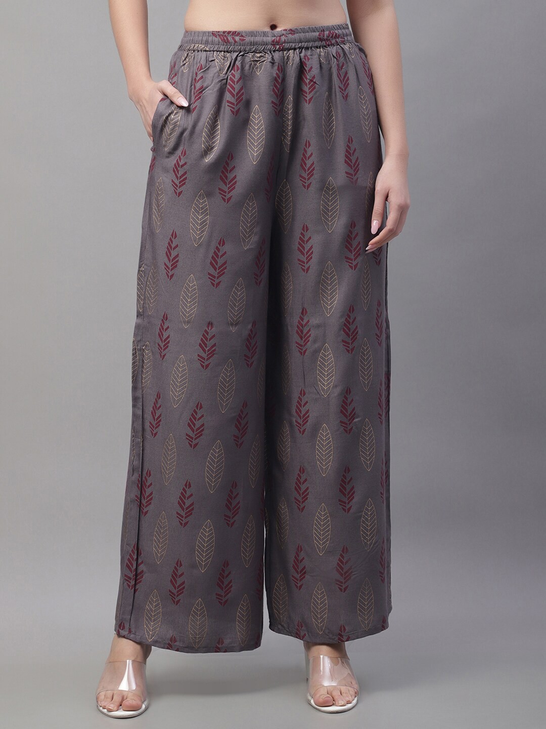 

Pistaa Women Floral Printed Straight Palazzos, Grey