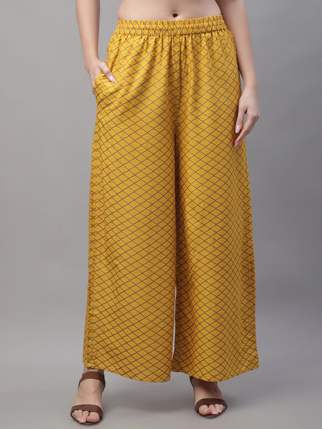 

Pistaa Women Checked Printed Flared Palazzos, Yellow