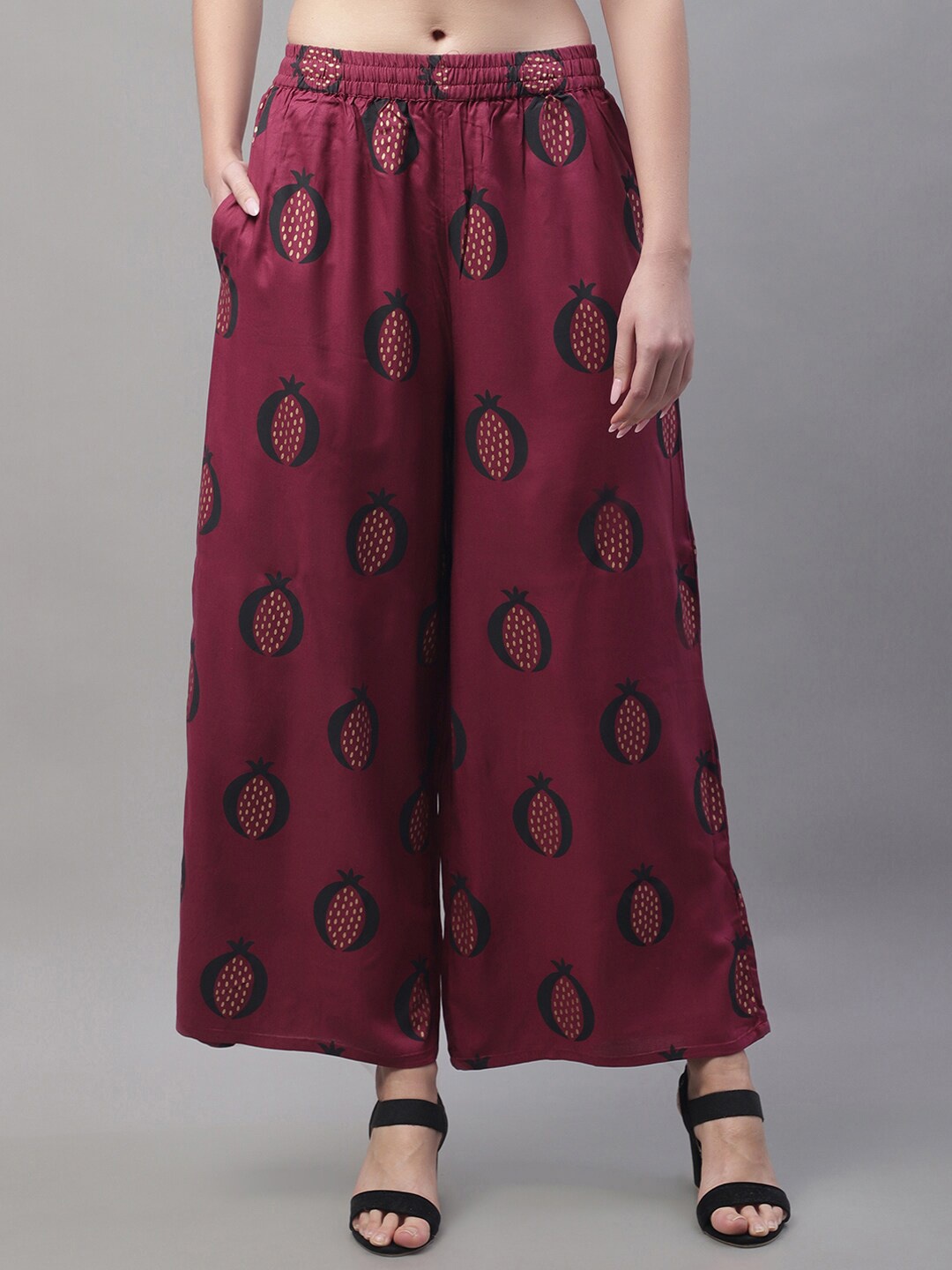 

Pistaa Women Conversational Printed Flared Palazzos, Burgundy