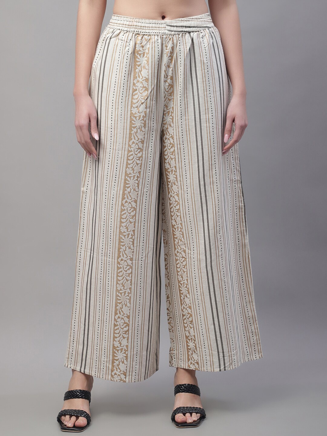 

Pistaa Women Ethnic Motifs Printed Cotton Flared Palazzos, Beige