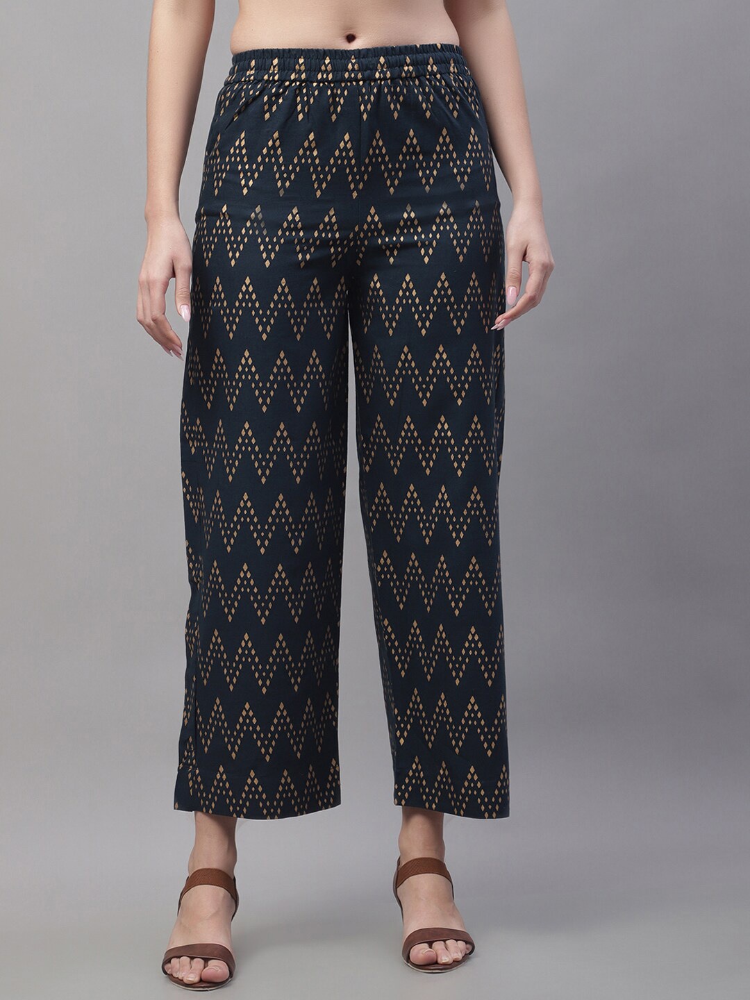 

Pistaa Women Ethnic Motifs Printed Cotton Straight Palazzos, Navy blue
