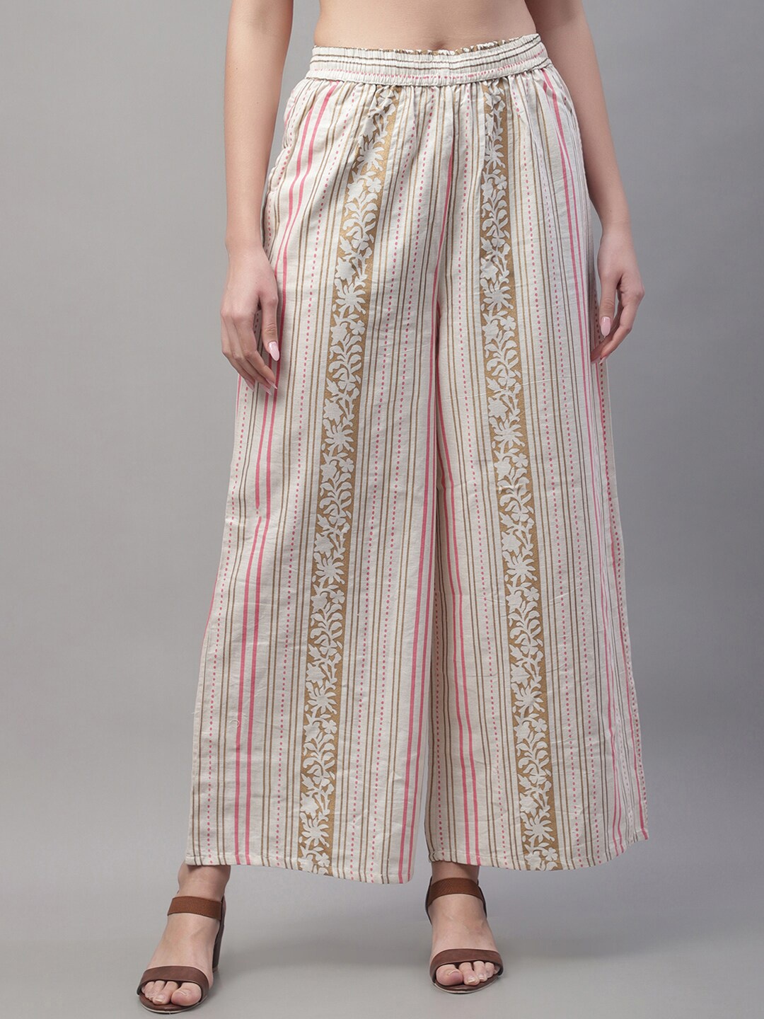

Pistaa Women Ethnic Motifs Printed Cotton Flared Palazzos, Pink