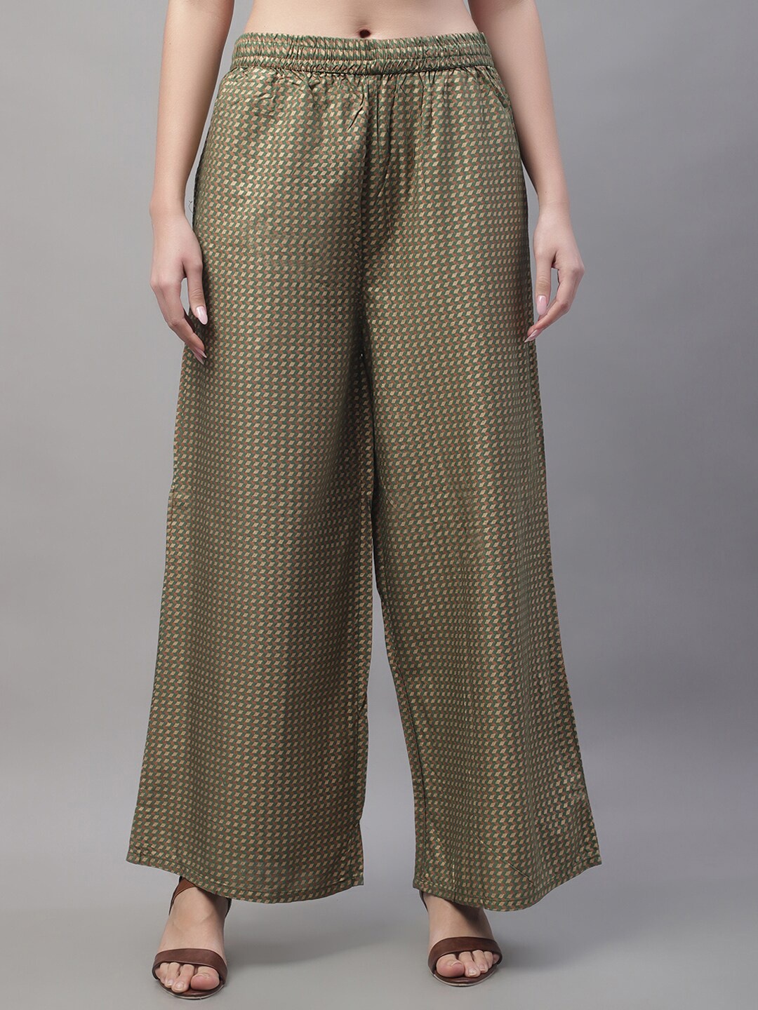 

Pistaa Women Geometric Printed Flared Palazzos, Green