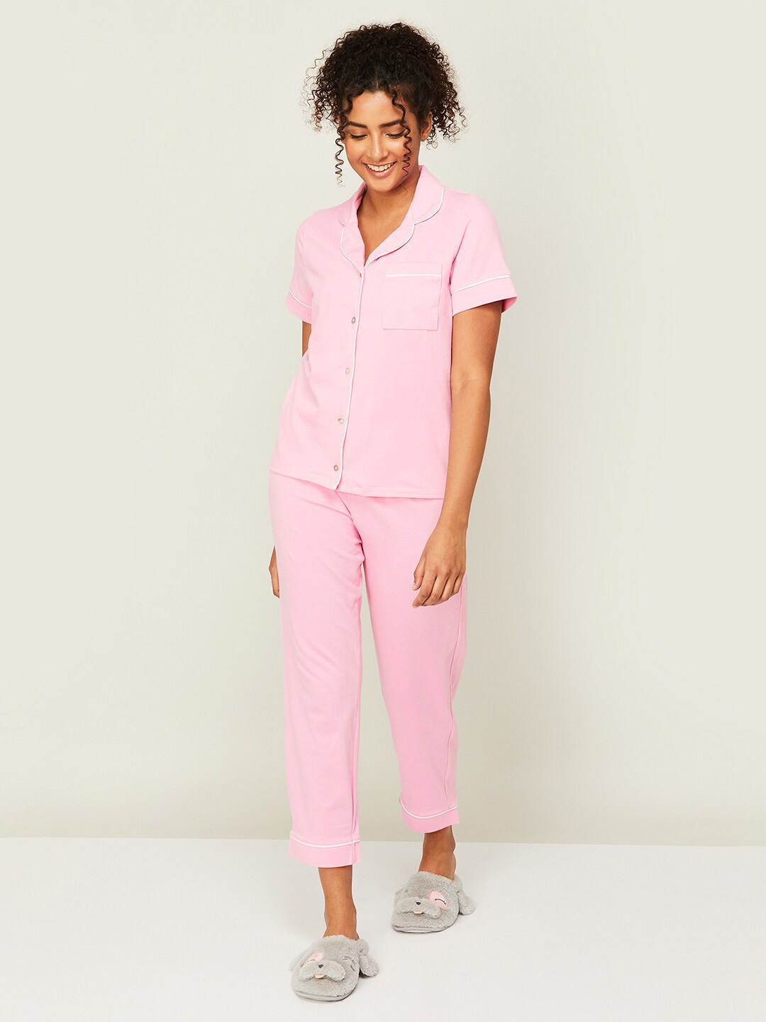 

Ginger by Lifestyle Lapel Collar Pure Cotton Night Suit, Pink